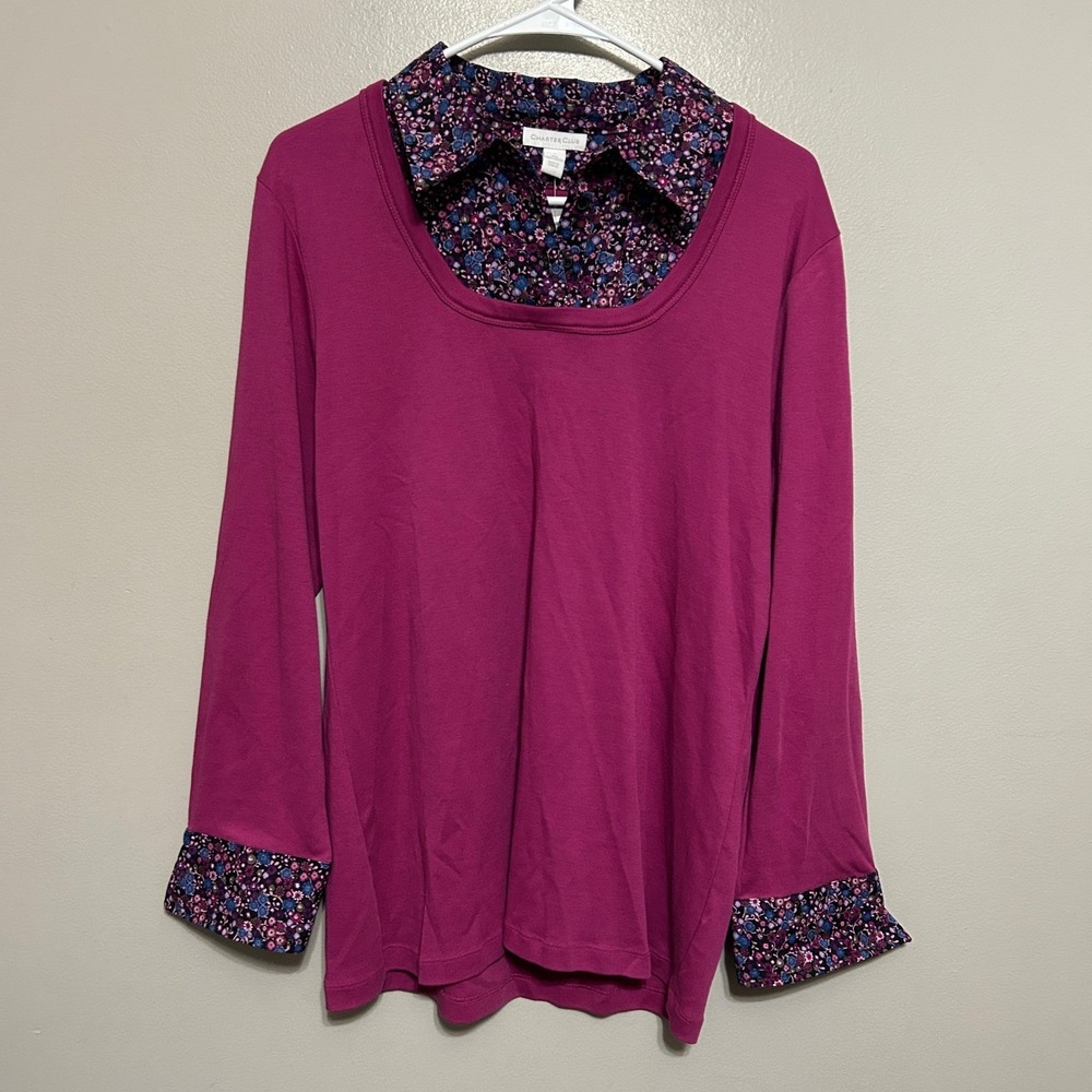 Charter Club Layered Shirt Women L Raspberry Purple New Floral Trim Pima Cotton